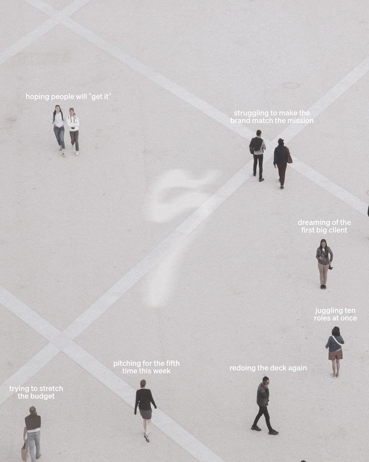 Illustration of people crossing a grey plaza, with short notes about building a company